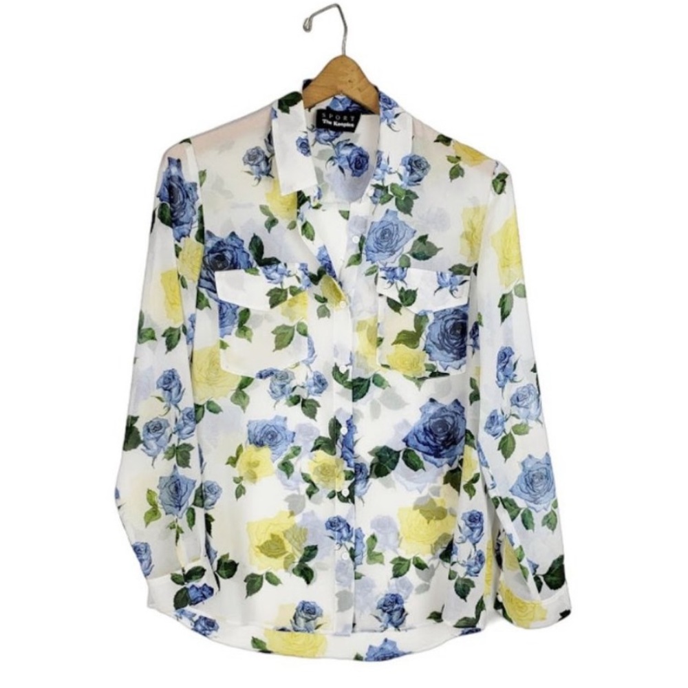The Kooples Sport floral button up blouse top womens 2/Medium career blue yellow
